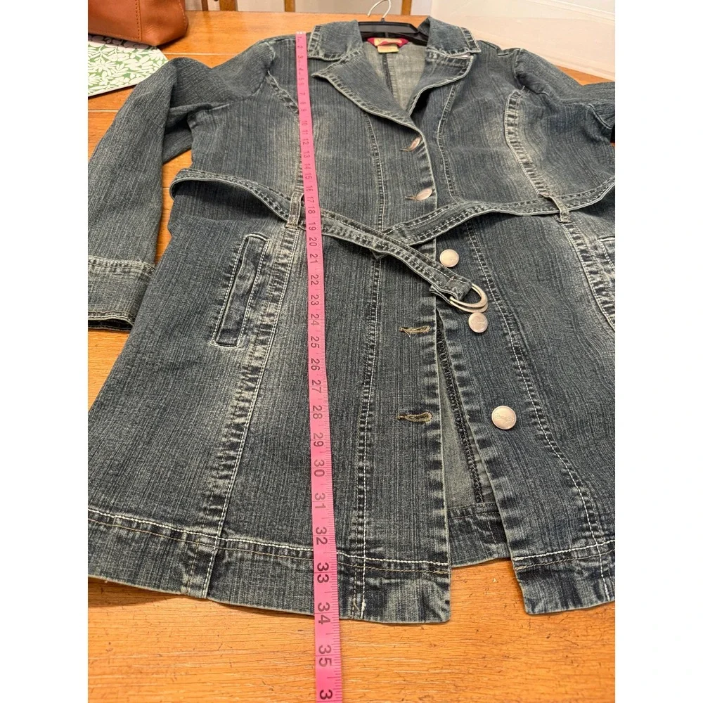 Y2K Vintage Curvaceous Denim Jean Jacket Belted Button Down Blue‎ Womens Size L